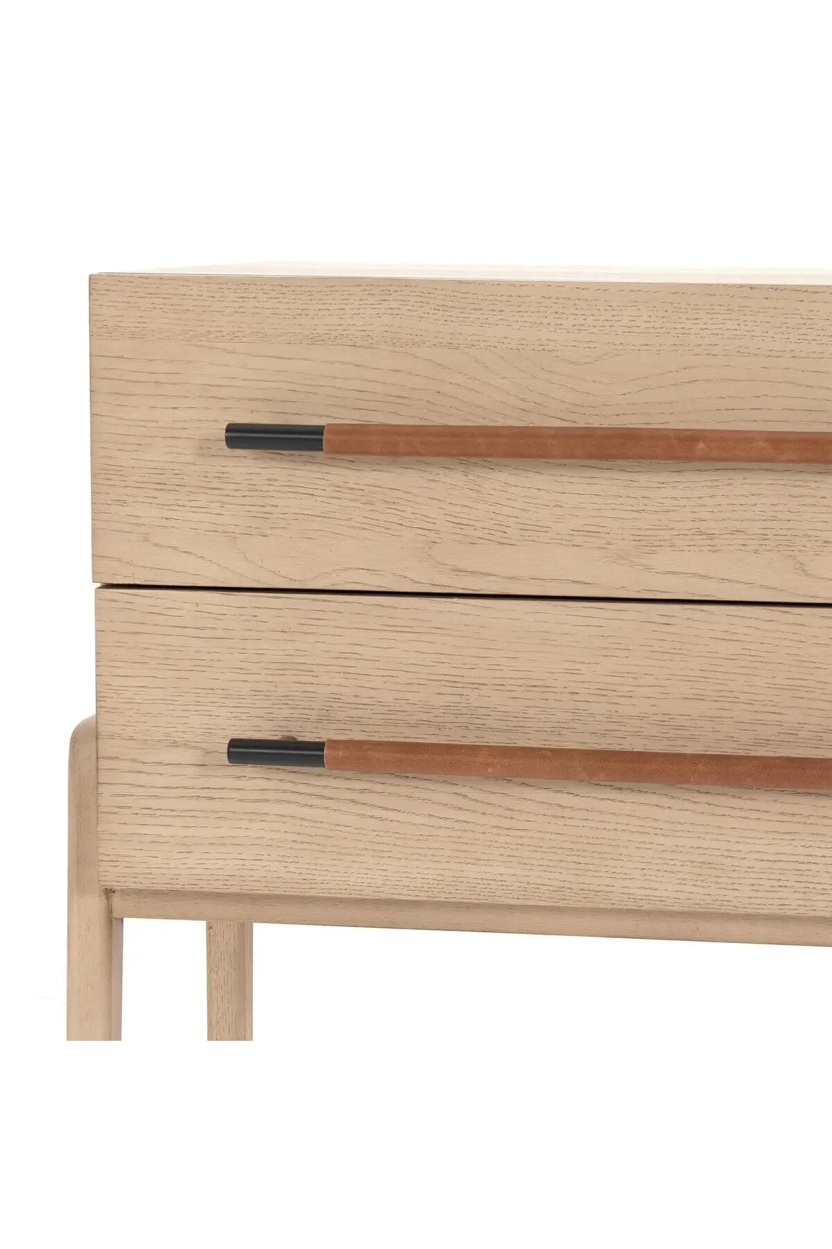 two drawers with leather wrapped pulls on oak nightstand