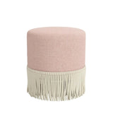 Pink upholstered ottoman with beige fringe on a white background