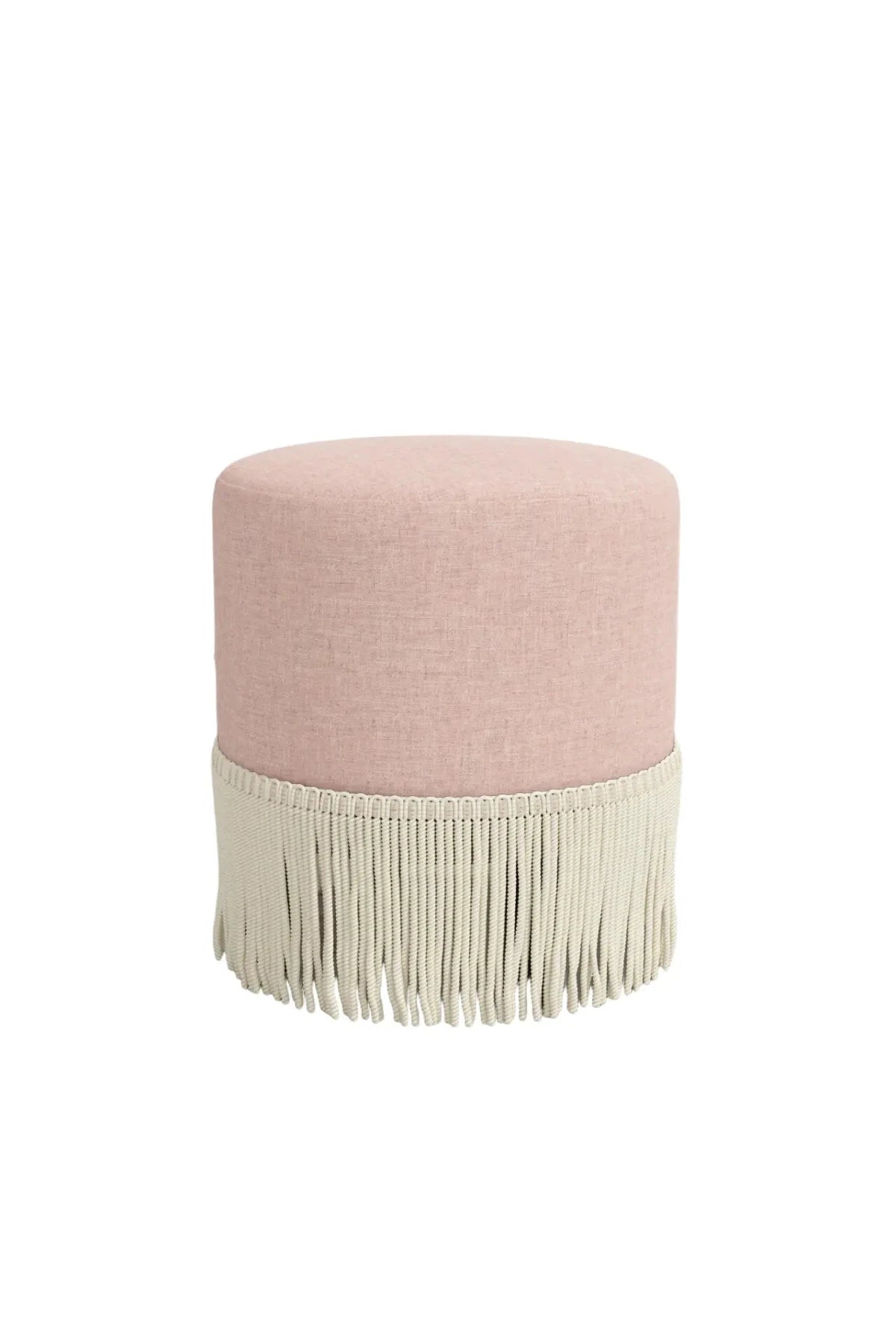 Pink upholstered ottoman with beige fringe on a white background