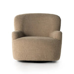 A beige upholstered Kadon swivel chair with a high wing back and softly rolled arms, standing on a white background.
