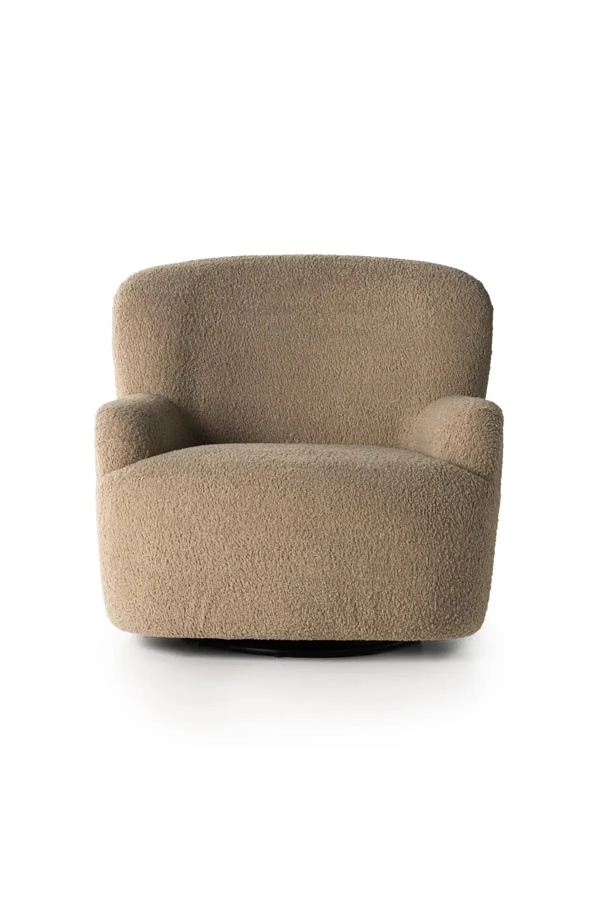 A beige upholstered Kadon swivel chair with a high wing back and softly rolled arms, standing on a white background.