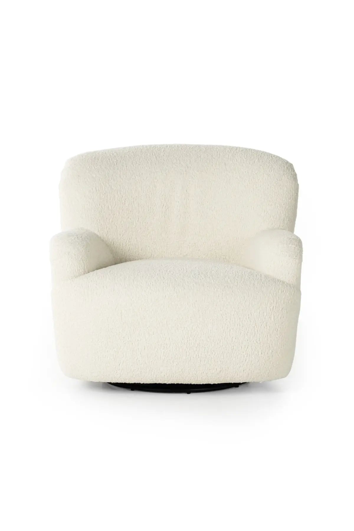 A beige upholstered Kadon swivel chair with a high wing back and softly rolled arms, standing on a white background.
