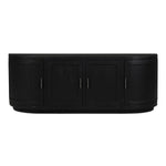 A black contemporary media cabinet with curved doors and a recessed base, made of reclaimed pine and plywood.