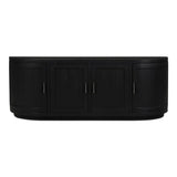 A black contemporary media cabinet with curved doors and a recessed base, made of reclaimed pine and plywood.