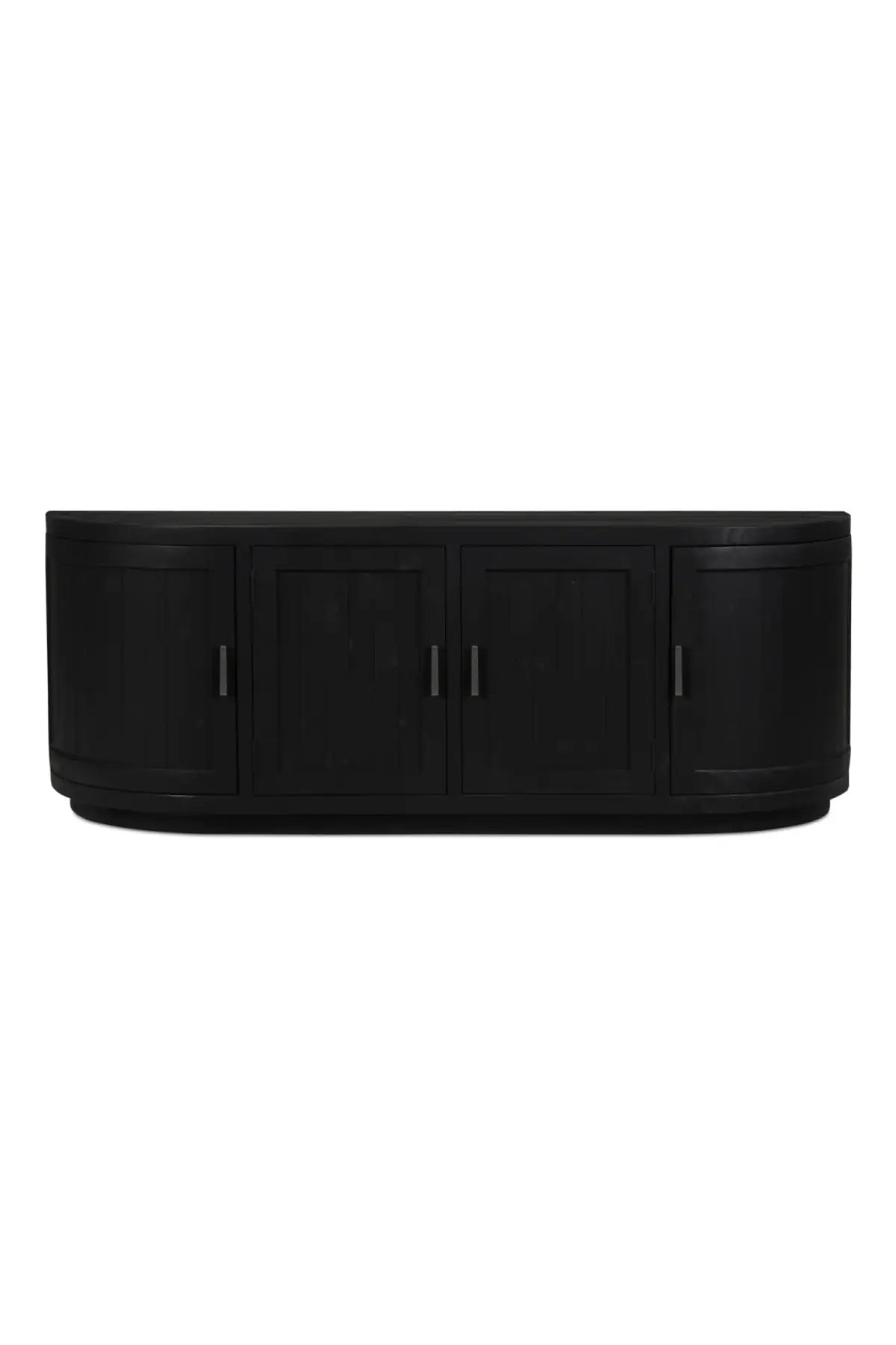 A black contemporary media cabinet with curved doors and a recessed base, made of reclaimed pine and plywood.