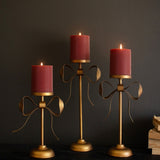 Bow Detail Gold Pillar Candle Stands - Set of 3