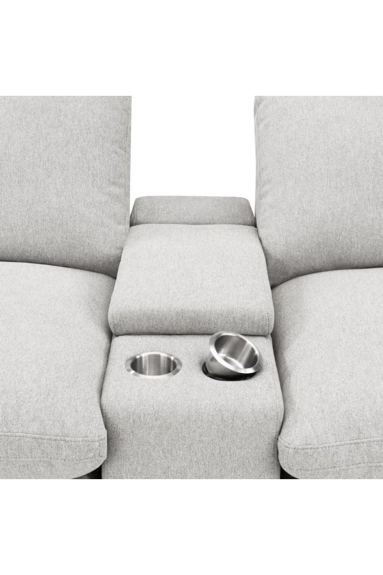 Collins Reclining Home Theater Seating gray sofa with two metal bowls on a white background