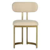 Beige art deco mid-century modern chair with gold legs on a white background