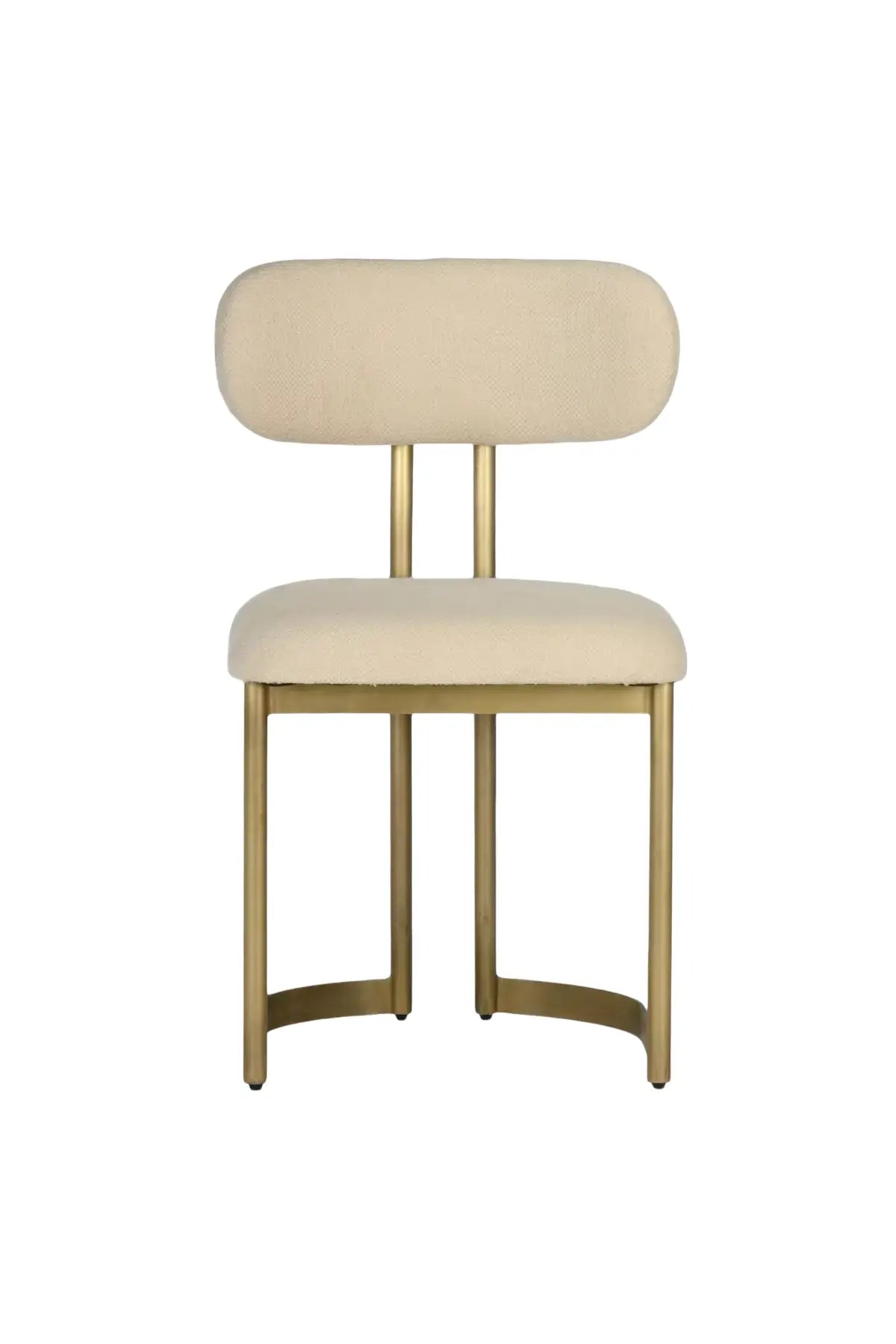 Beige art deco mid-century modern chair with gold legs on a white background