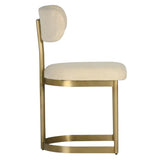 Beige art deco mid-century modern chair with gold frame on a white background