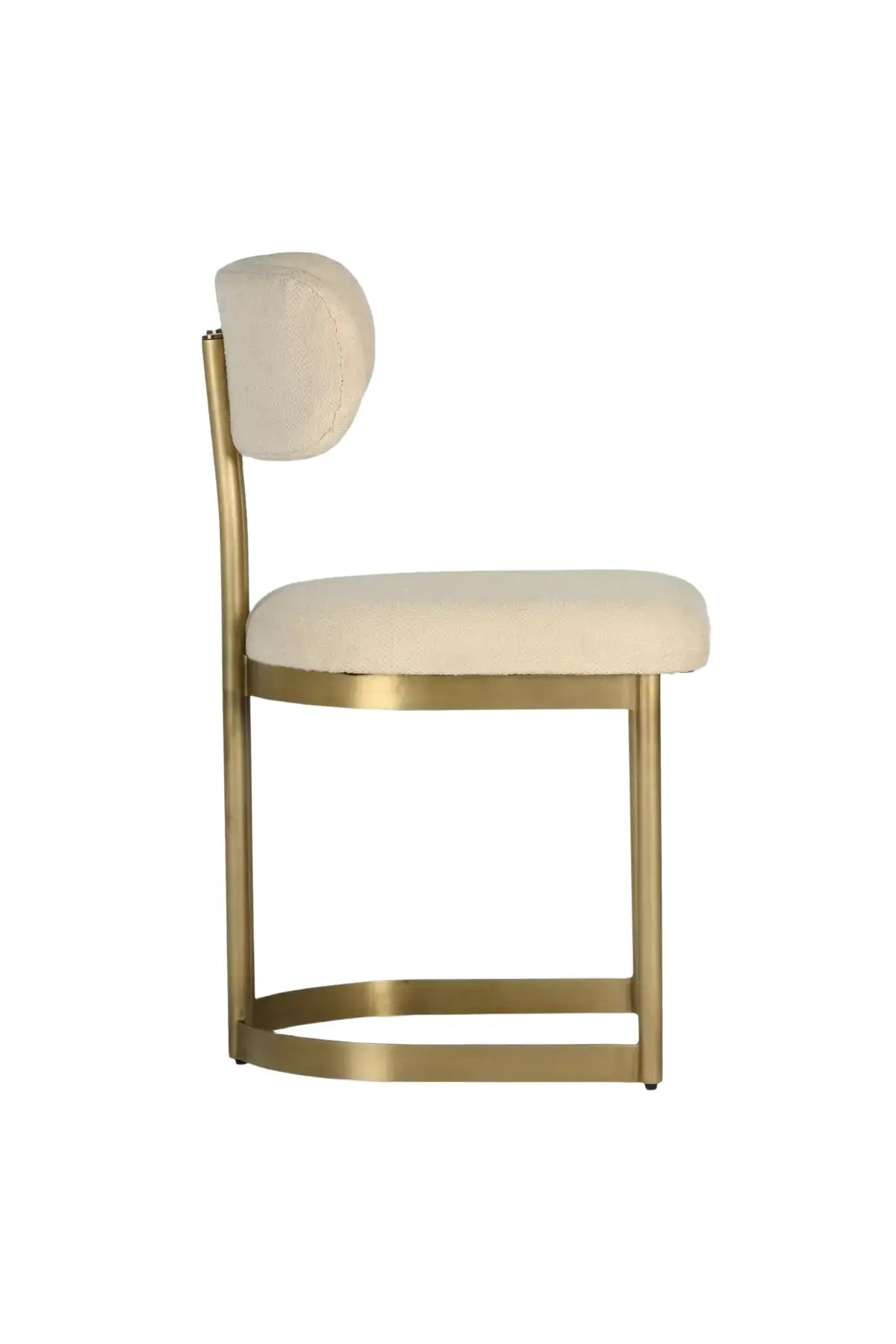 Beige art deco mid-century modern chair with gold frame on a white background