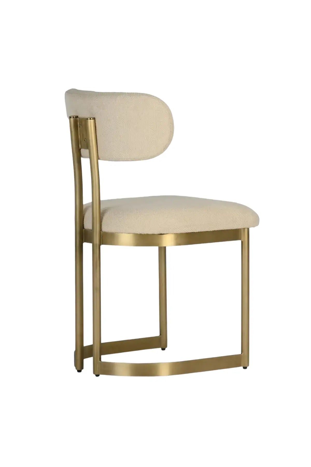 Art Deco mid-century modern chair with gold frame and beige cushion on a white background