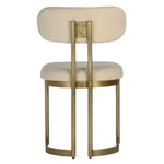 Art Deco mid-century modern chair with beige cushioned seat and backrest, gold metal frame on a white background