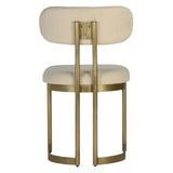 Art Deco mid-century modern chair with beige cushioned seat and backrest, gold metal frame on a white background