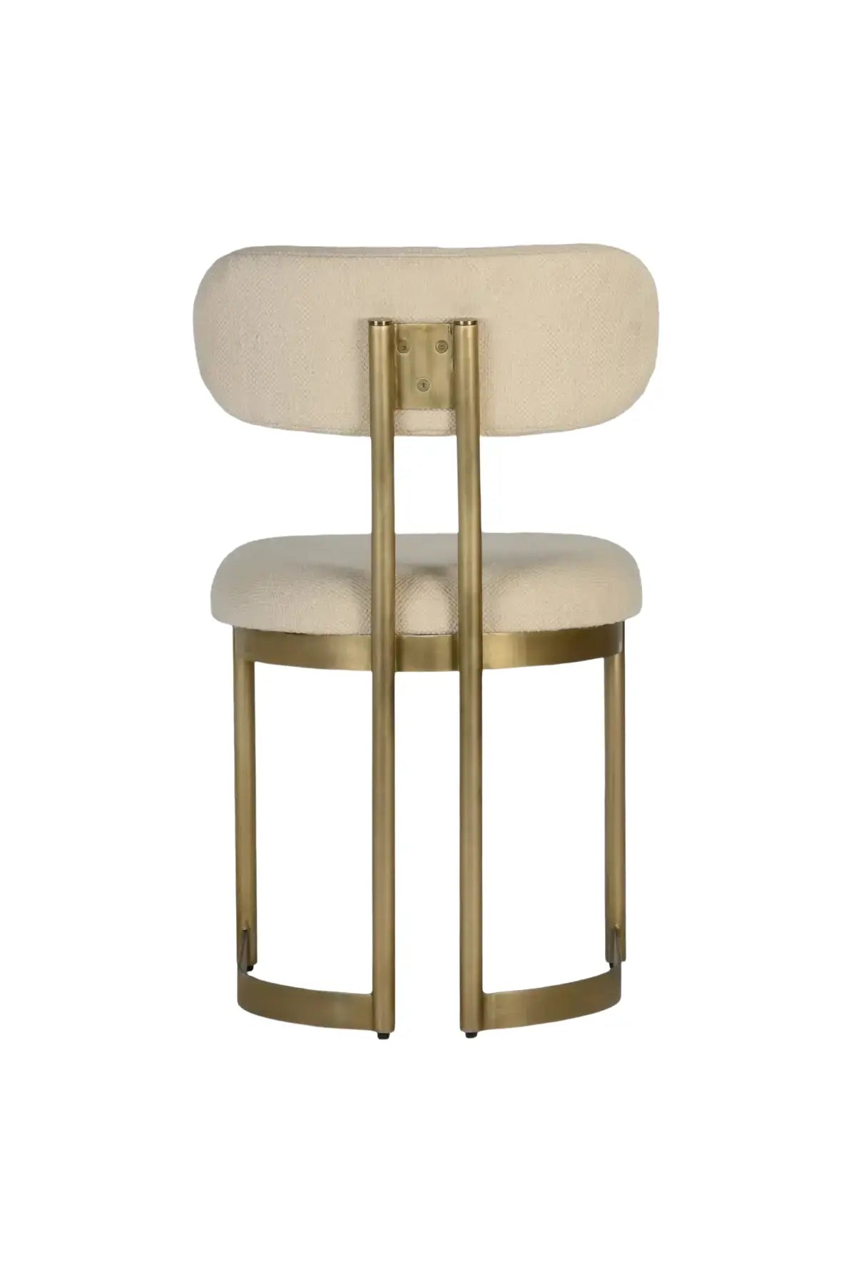 Art Deco mid-century modern chair with beige cushioned seat and backrest, gold metal frame on a white background