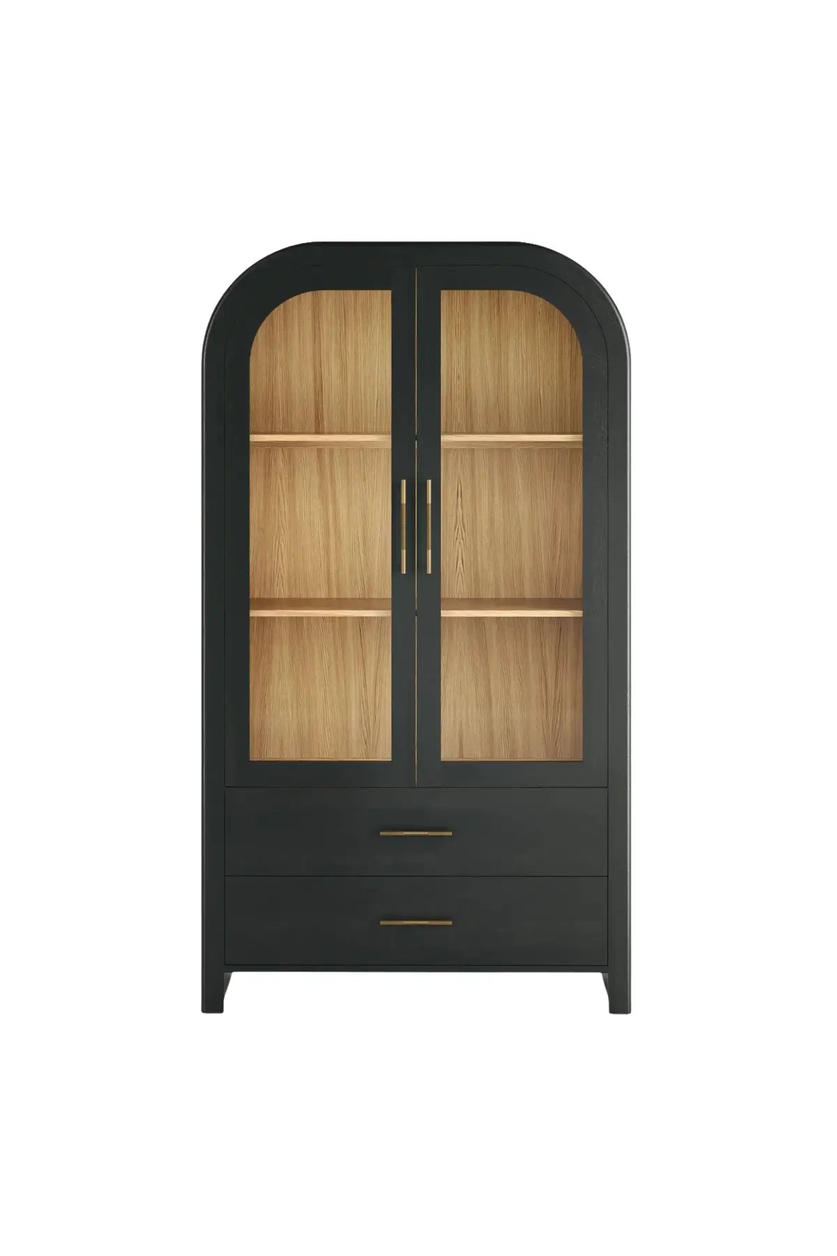 A black Liam Cabinet with arched doors, showcasing a natural oak interior with brass hardware, two shelves and two drawers.