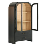 Liam black arched cabinet with glass doors open and drawers at bottom
