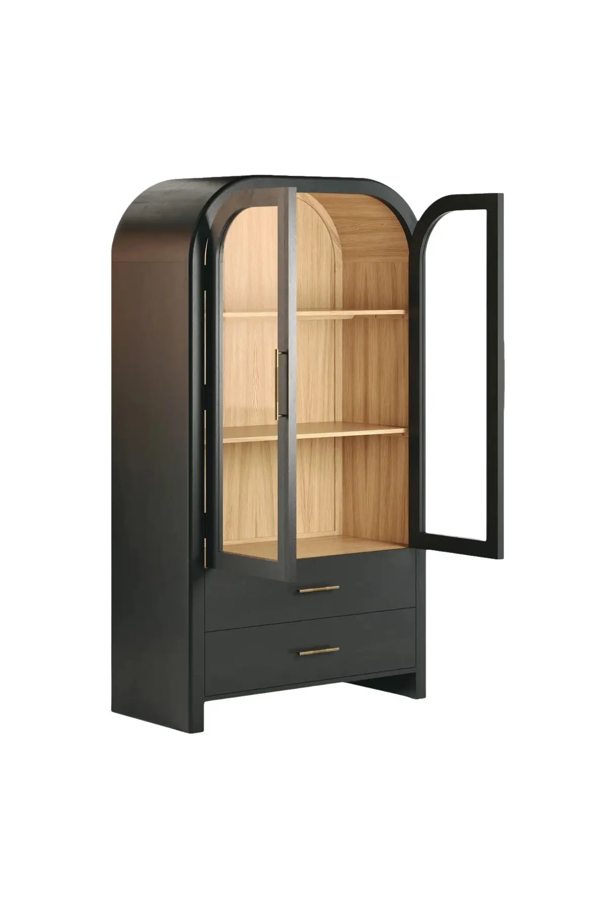 Liam black arched cabinet with glass doors open and drawers at bottom