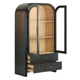 Liam black arched cabinet with glass doors open and two bottom drawers open