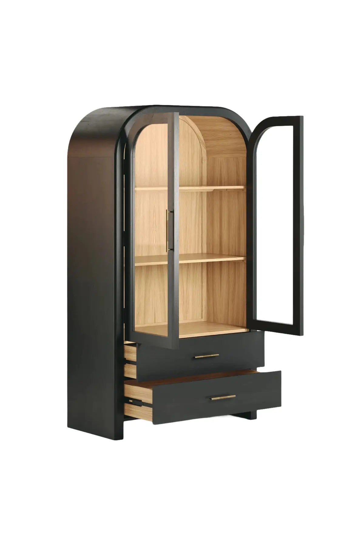 Liam black arched cabinet with glass doors open and two bottom drawers open