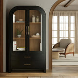 Black arched cabinet with glass doors in a living room setting