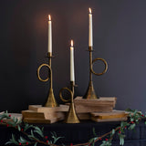 Antique Brass Trumpet Taper Candle Holders - Set of 3