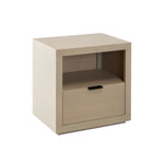 Sonoma nightstand with a metal drawer pull and an open shelf on top, made of mango wood with a light natural finish.