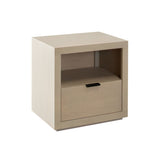 Sonoma nightstand with a metal drawer pull and an open shelf on top, made of mango wood with a light natural finish.