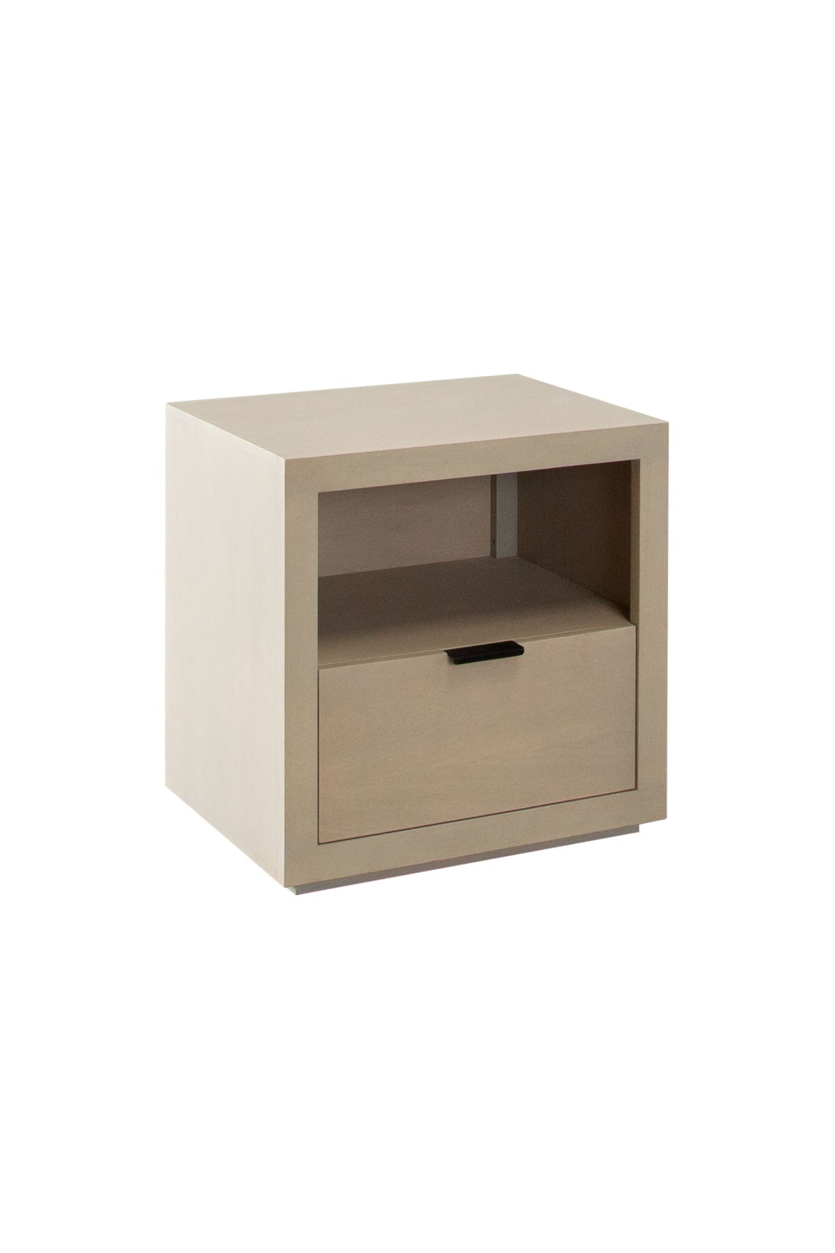 Sonoma nightstand with a metal drawer pull and an open shelf on top, made of mango wood with a light natural finish.