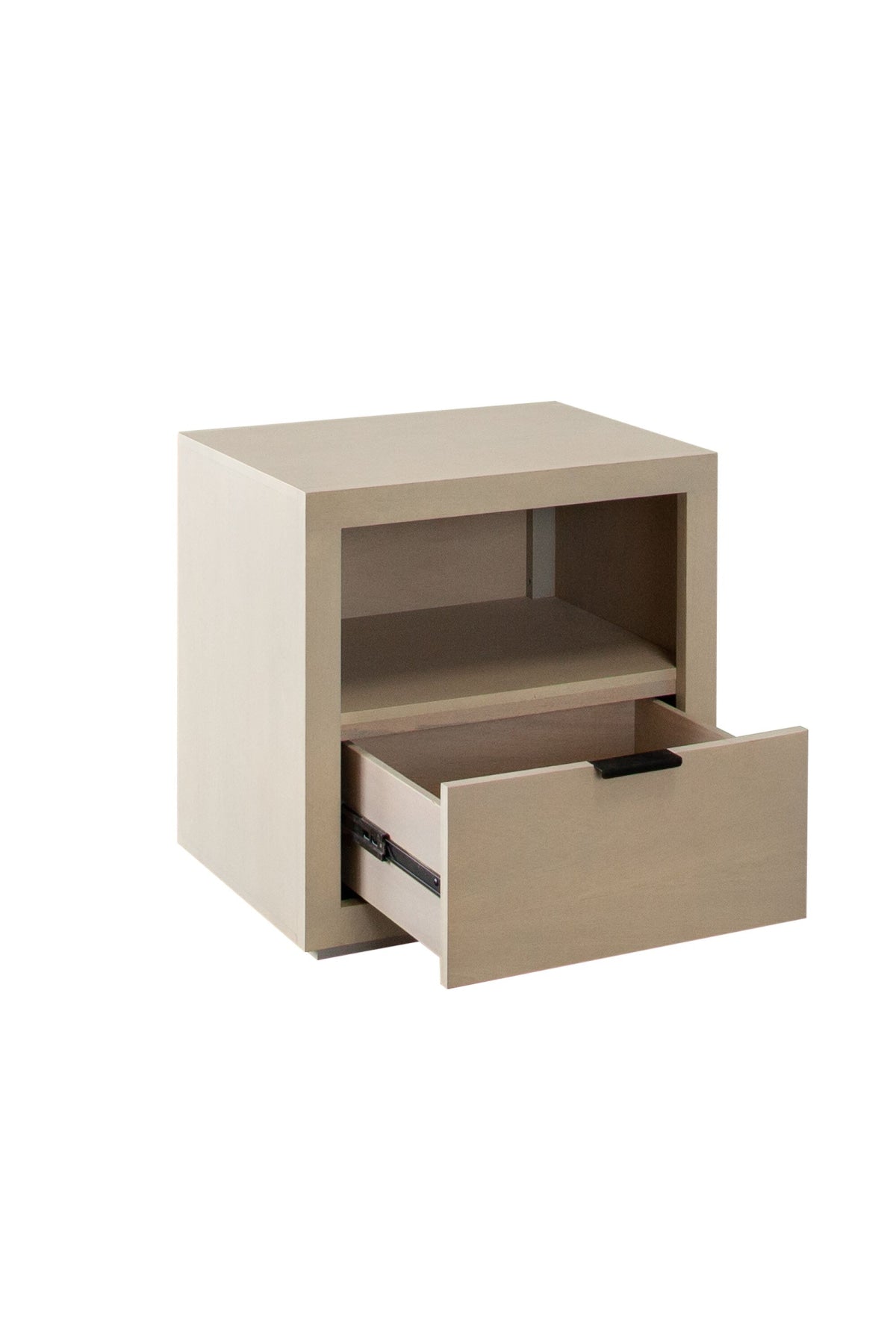 solid wood bedside cabinet with one drawer and metal pull