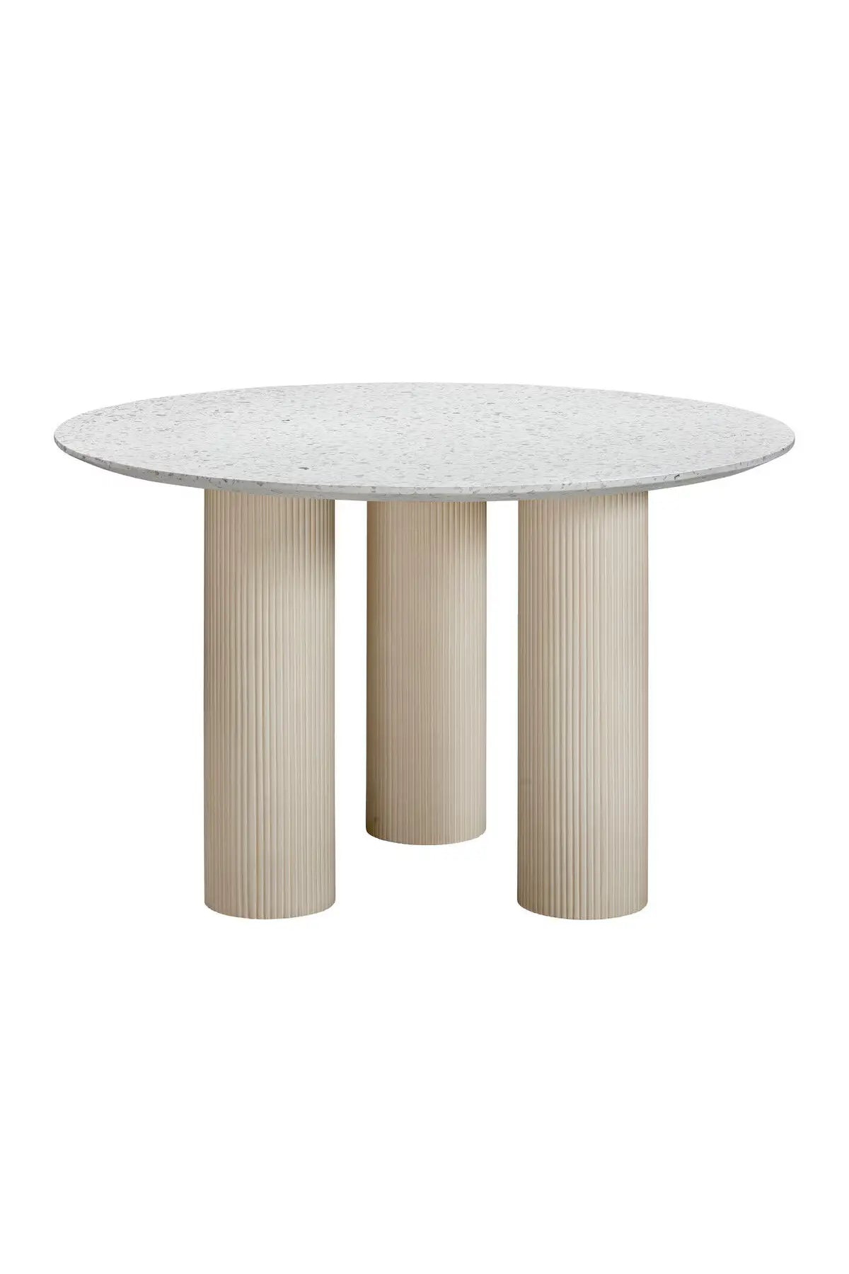 A round dining table with a terrazzo top and fluted legs in a taupe color, designed for both indoor and outdoor use.