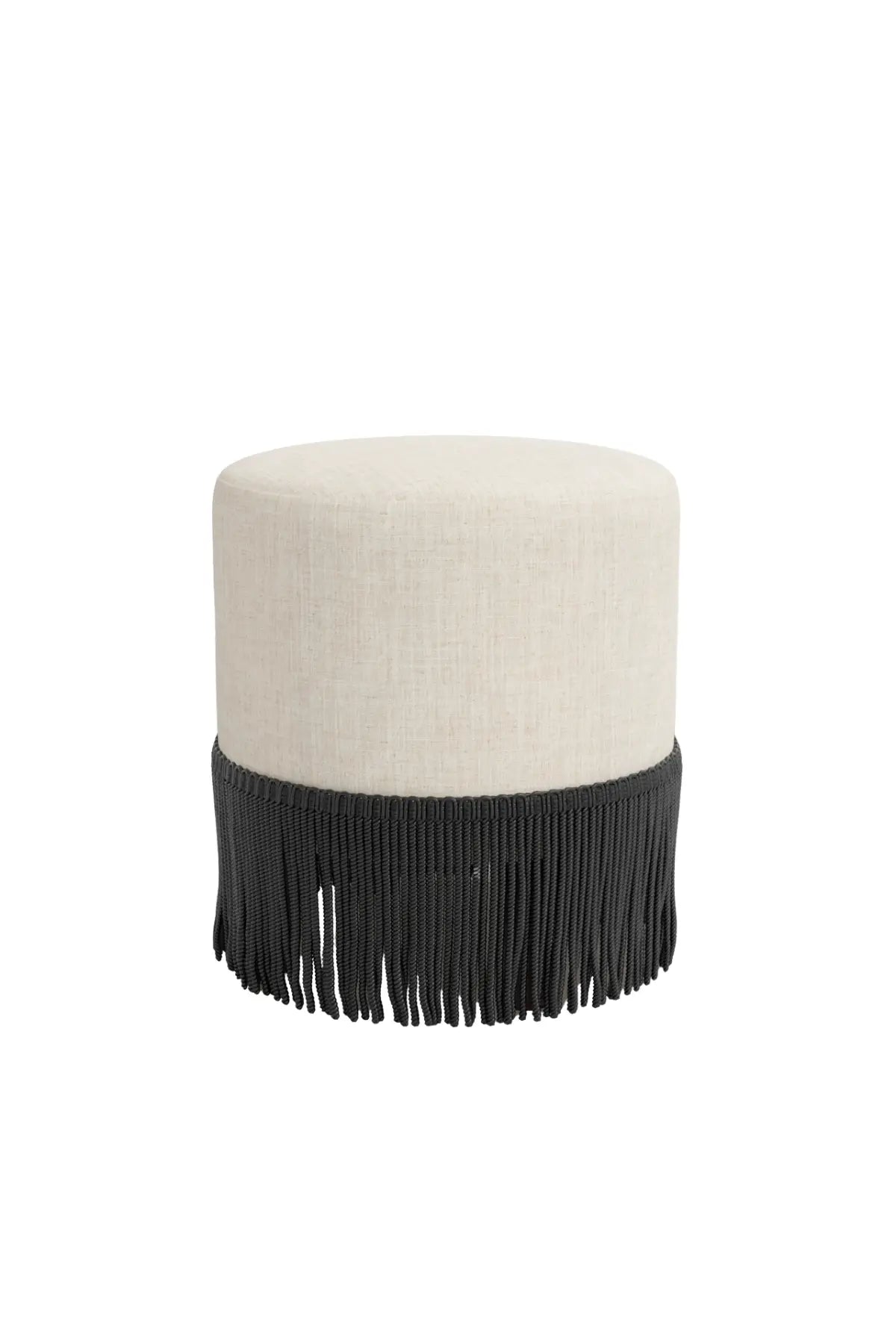 Round custom upholstered ottoman with beige cushion and black fringe on a white background