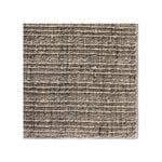 A square textured rug sample with a woven horizontal stripe pattern in shades of taupe, beige, and gray, shown against a plain white background.