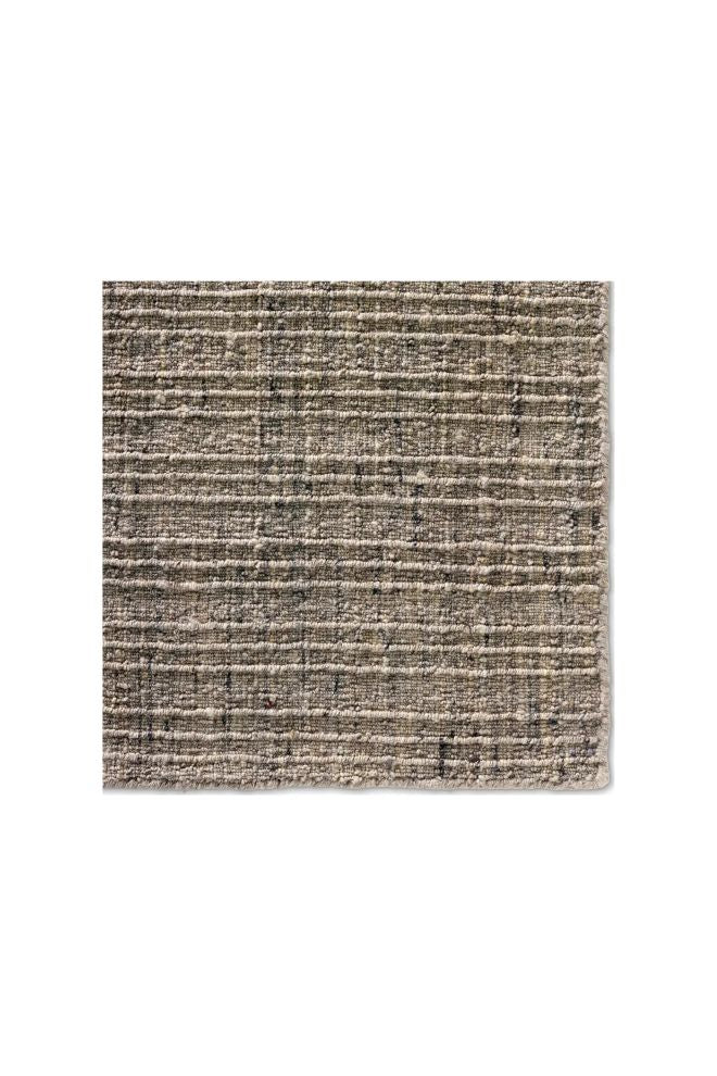 A square textured rug sample with a woven horizontal stripe pattern in shades of taupe, beige, and gray, shown against a plain white background.
