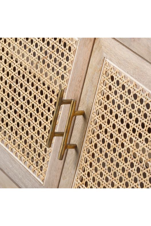 Cabinet with decorative caning and brass handle on a white background