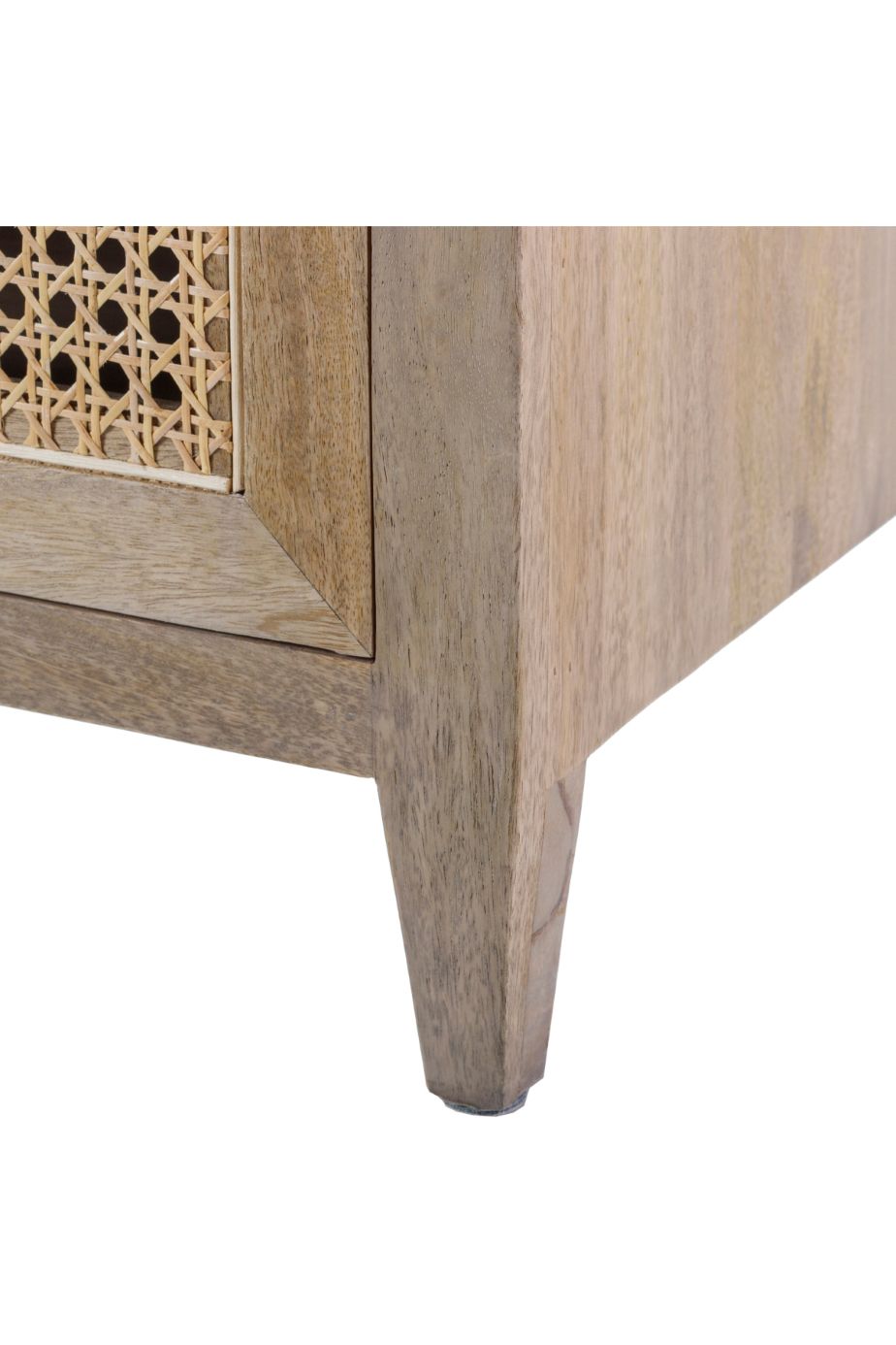 Wooden side table with decorative cut-out design on a white background