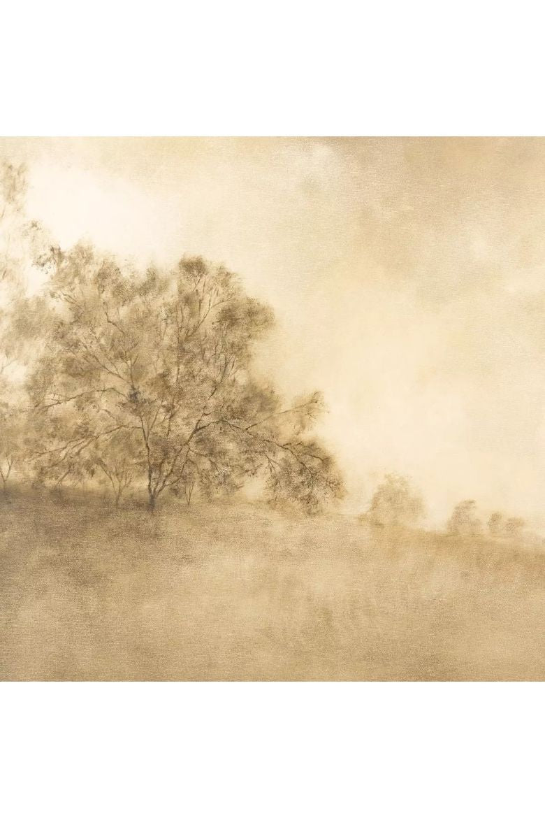 Sepia-toned landscape wall art with a tree and grassy field
