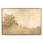 Framed landscape wall art with a tree and misty field on a white background