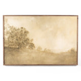 Framed landscape wall art with a tree and misty field on a white background