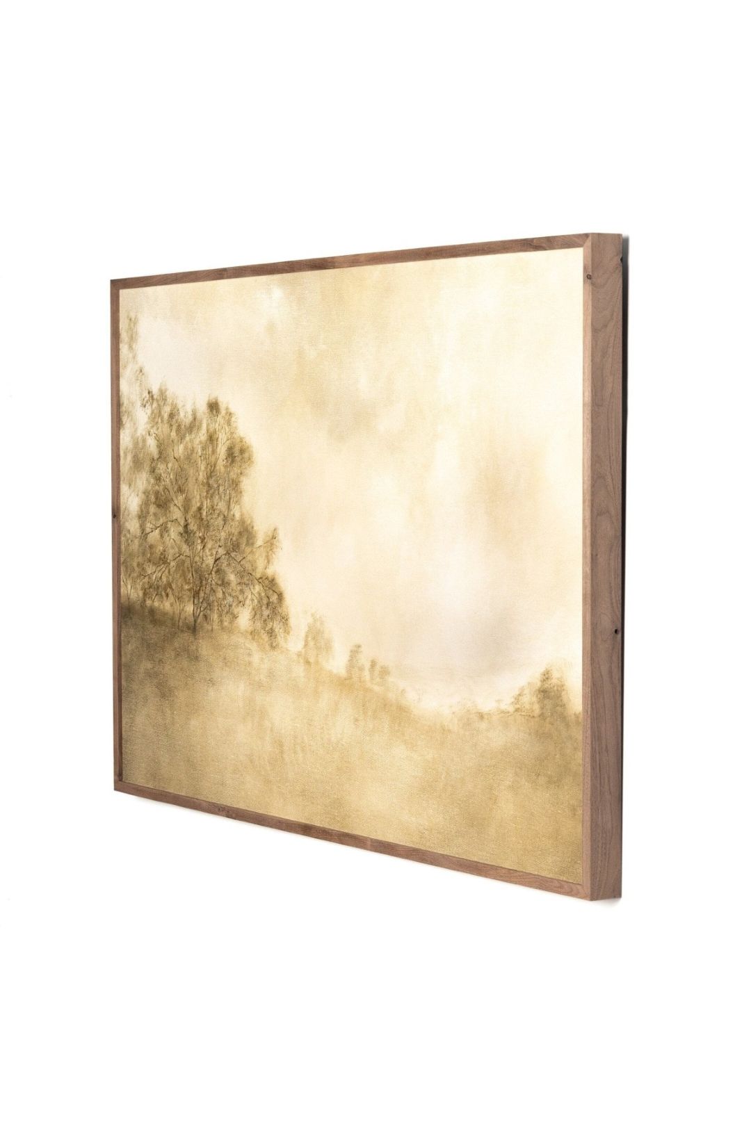 Square rustic landscape wall art with a landscape of trees and water in a wooden frame on a white background