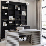 milo unique wood desk in a home workspace