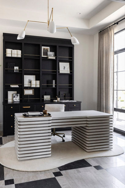 milo unique wood desk in a home workspace