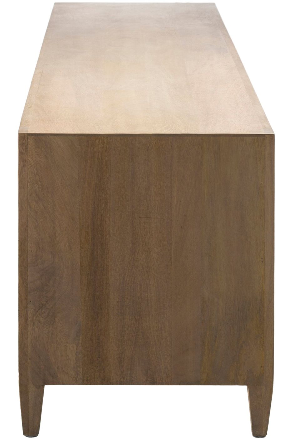 wooden console table detail of top and side