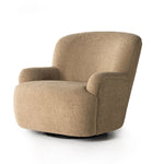 A beige upholstered Kadon swivel chair with a high wing back and softly rolled arms, set against a white background.