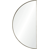 A wall-mounted half-moon mirror with a satin brass framed edge.